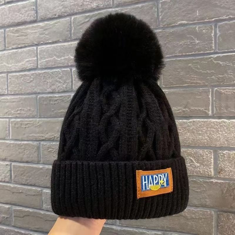 Women's Cable Knit Fleece-Lined Pom Pom Beanie - Black