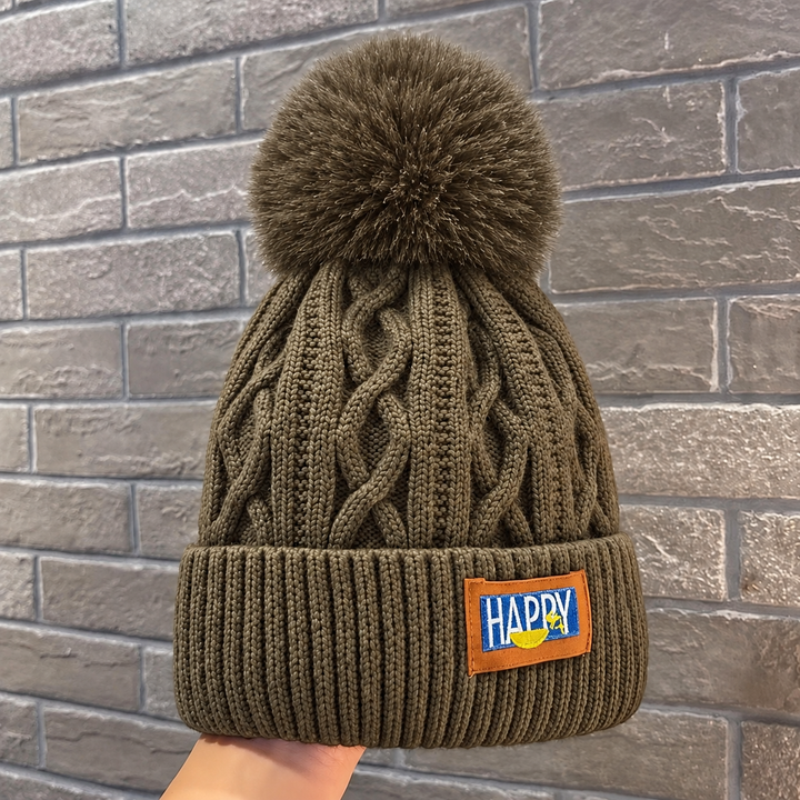 Women's Cable Knit Fleece-Lined Pom Pom Beanie - Brown