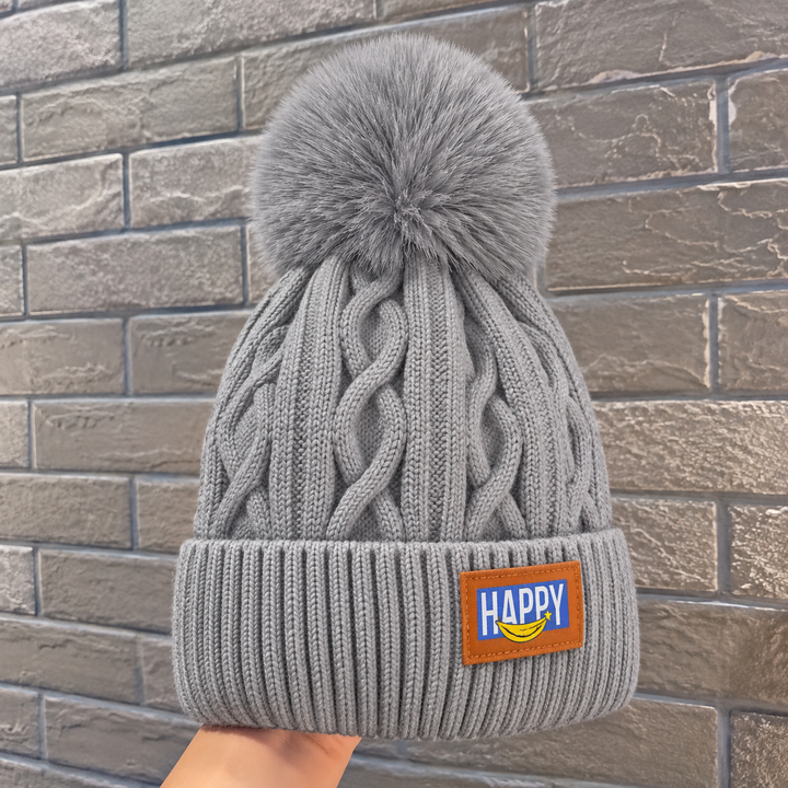Women's Cable Knit Fleece-Lined Pom Pom Beanie - Grey