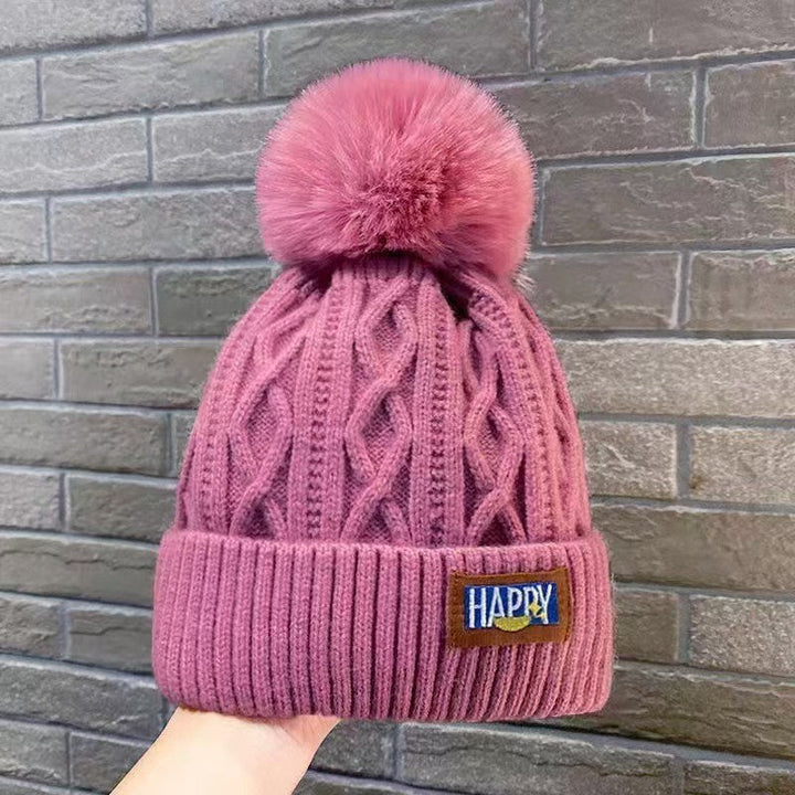 Women's Cable Knit Fleece-Lined Pom Pom Beanie - Dark Pink