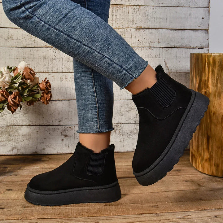 Women's Fur-Lined Faux Suede Platform Ankle Boots - Black
