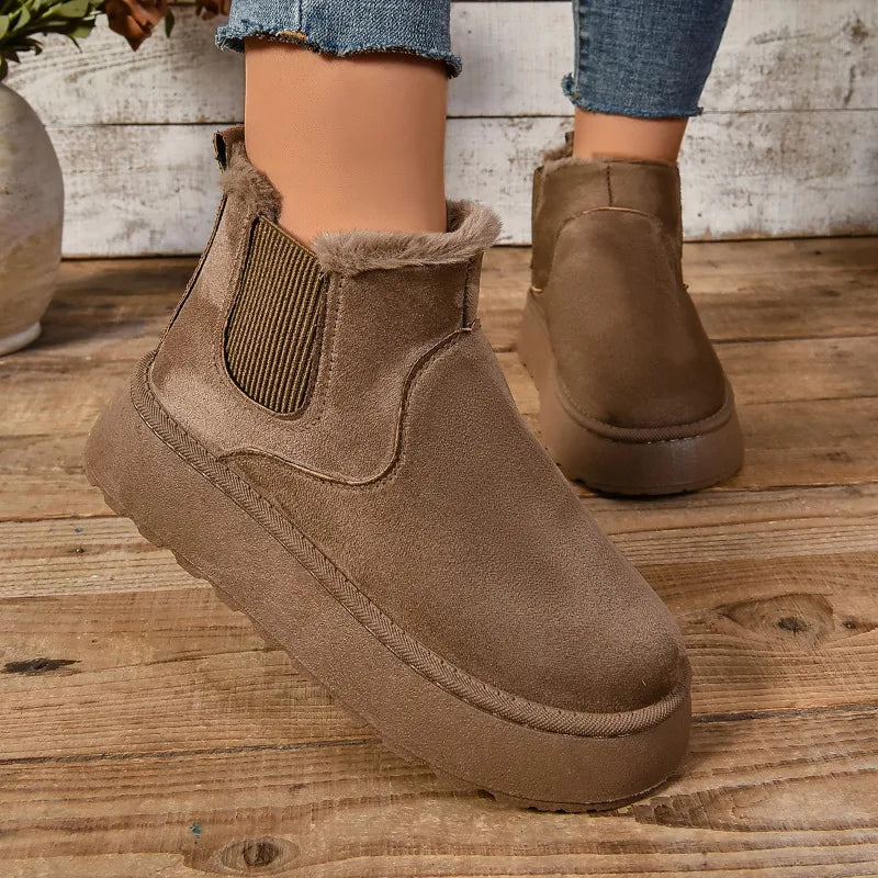 Women's Fur-Lined Faux Suede Platform Ankle Boots - Brown