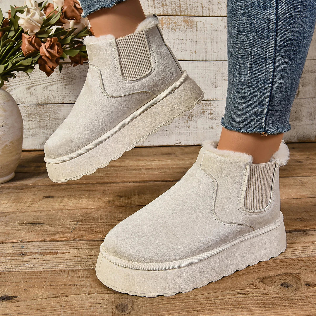 Women's Fur-Lined Faux Suede Platform Ankle Boots - White