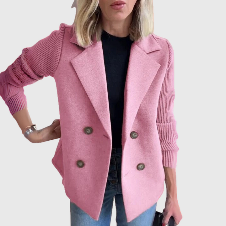 Women's Double-Breasted Tailored Blazer with Contrast Sleeves