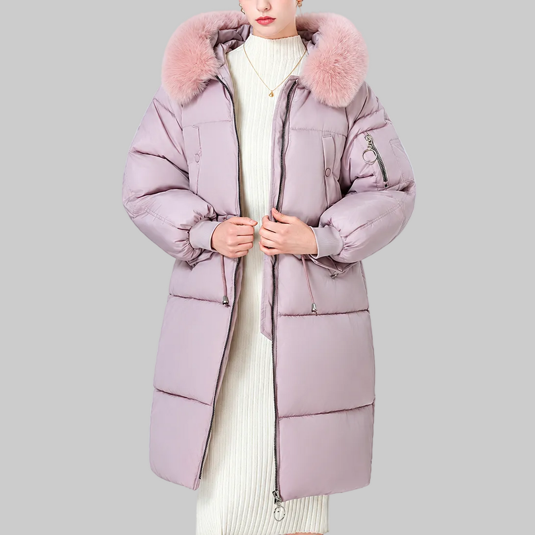 Women's Mid-Length Padded Winter Coat with Faux Fur-Style Hood Trim and Drawstring Waist