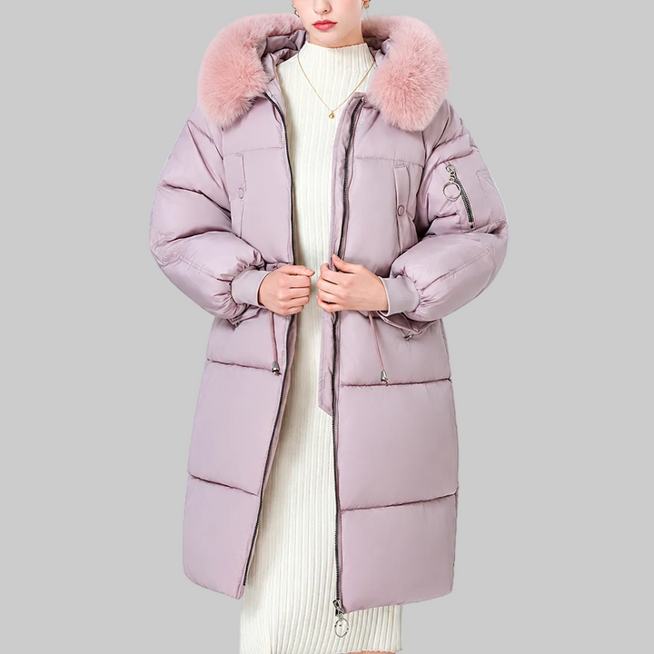 Women's Mid-Length Padded Winter Coat with Faux Fur-Style Hood Trim and Drawstring Waist