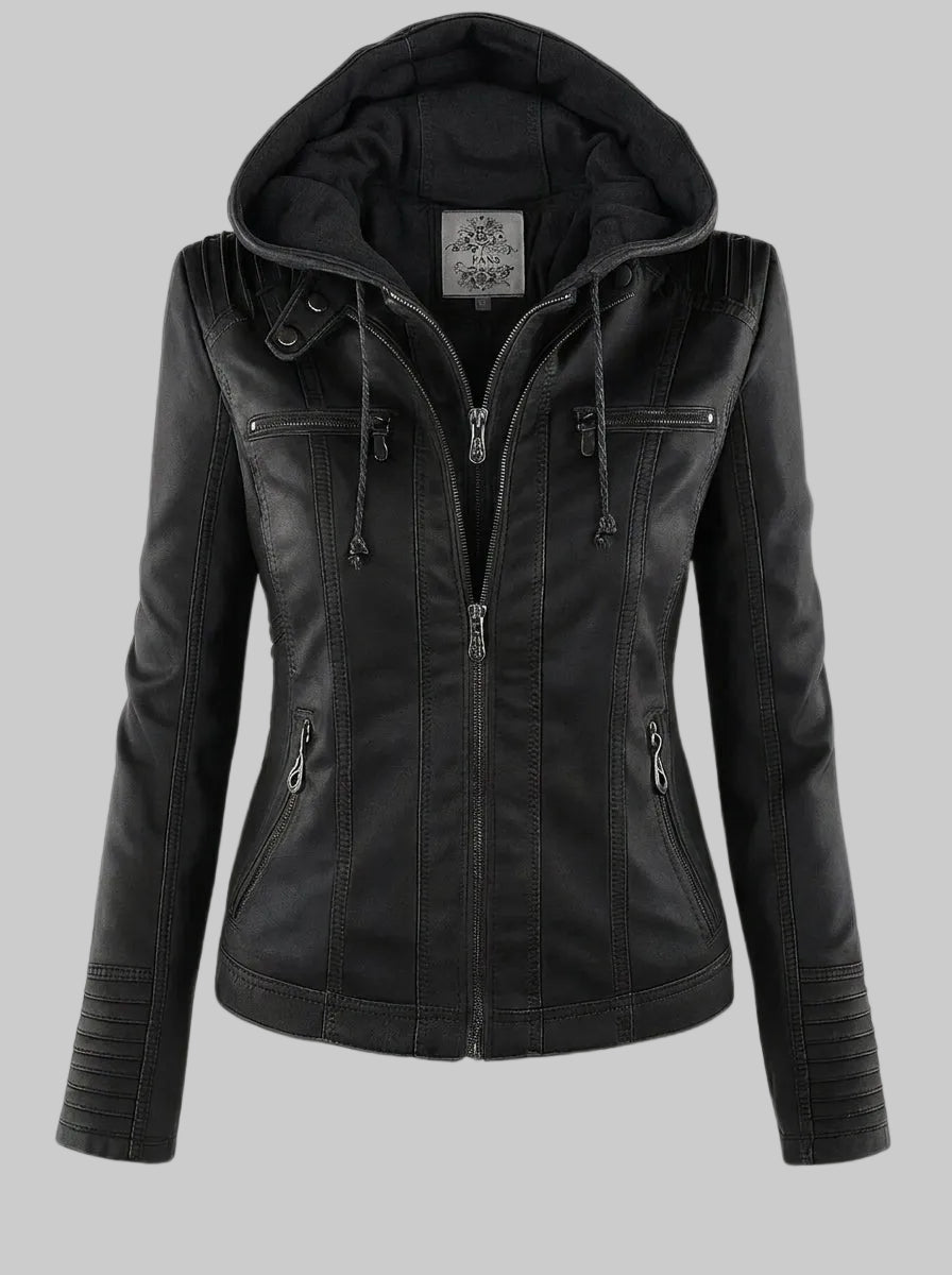 Women's Fitted Leather-Look Jacket with Hood and Zipped Pockets