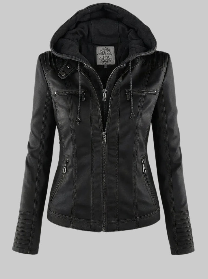 Women's Fitted Leather-Look Jacket with Hood and Zipped Pockets