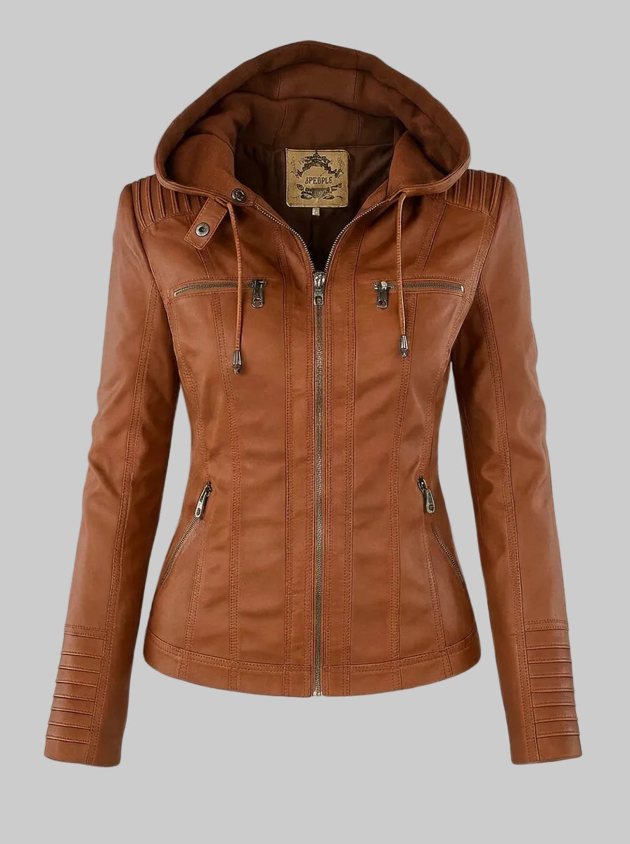 Women's Fitted Leather-Look Jacket with Hood and Zipped Pockets
