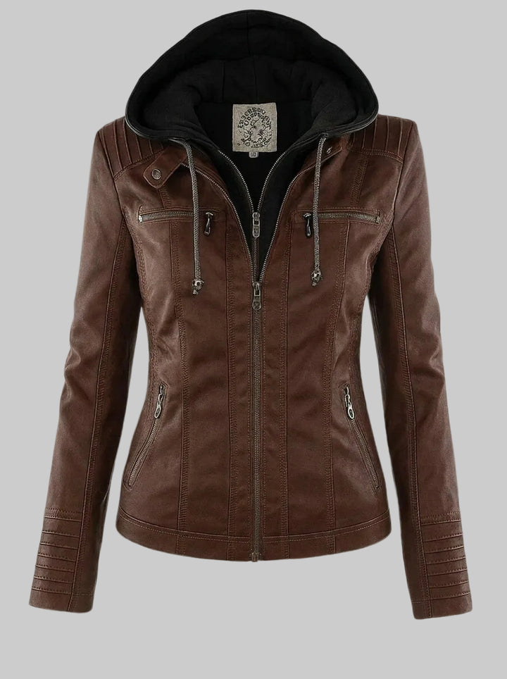 Women's Fitted Leather-Look Jacket with Hood and Zipped Pockets