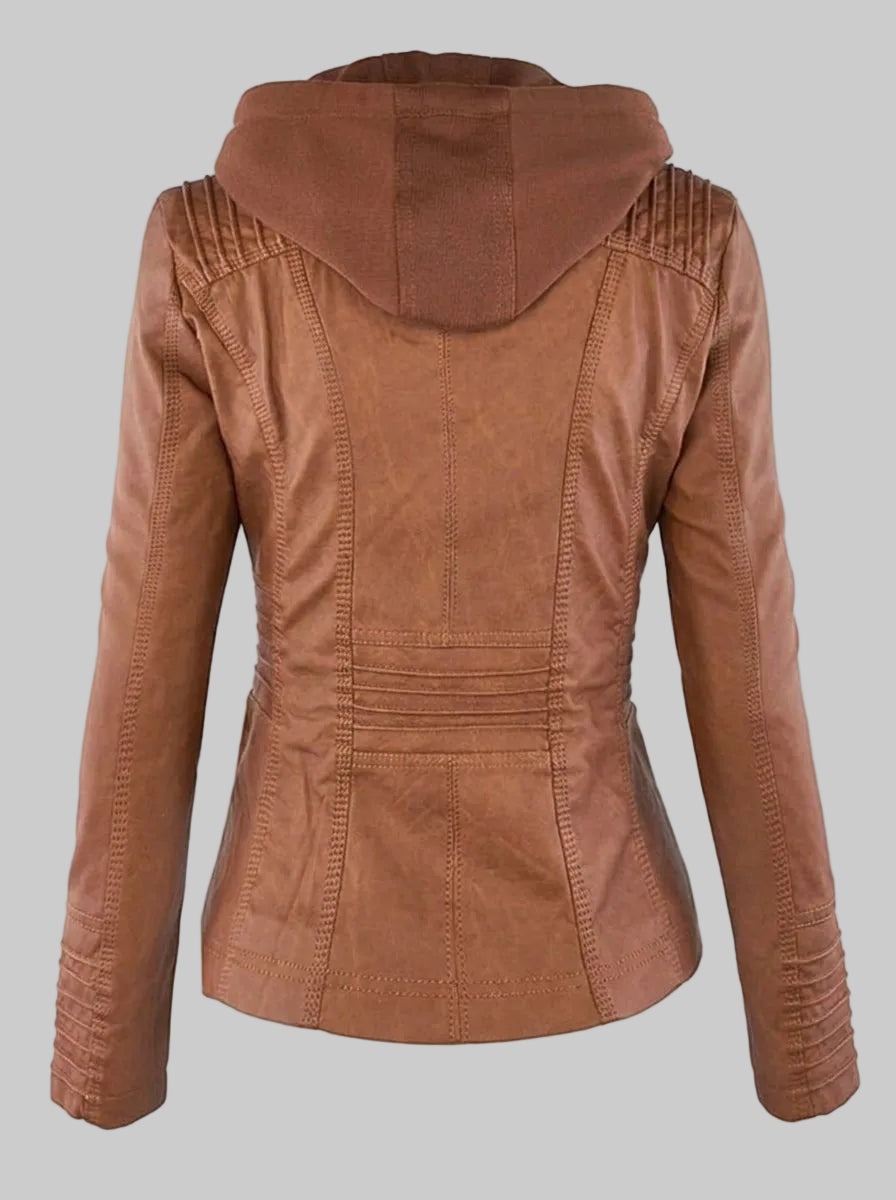 Women's Fitted Leather-Look Jacket with Hood and Zipped Pockets