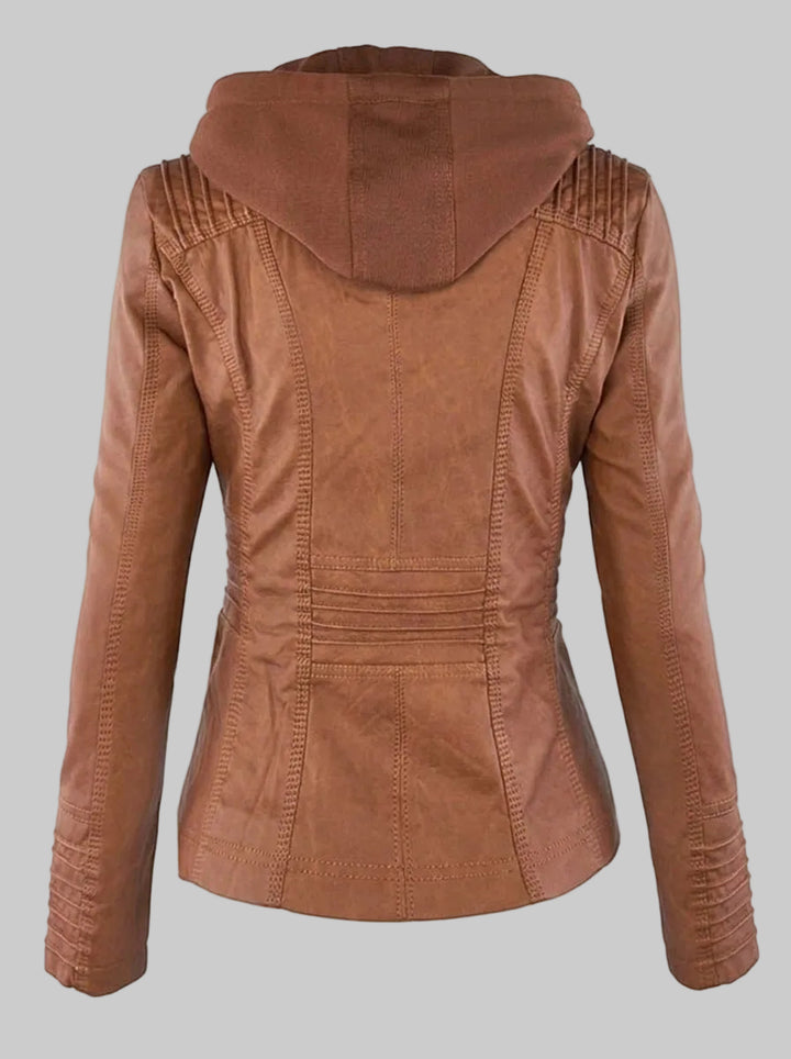 Women's Fitted Leather-Look Jacket with Hood and Zipped Pockets