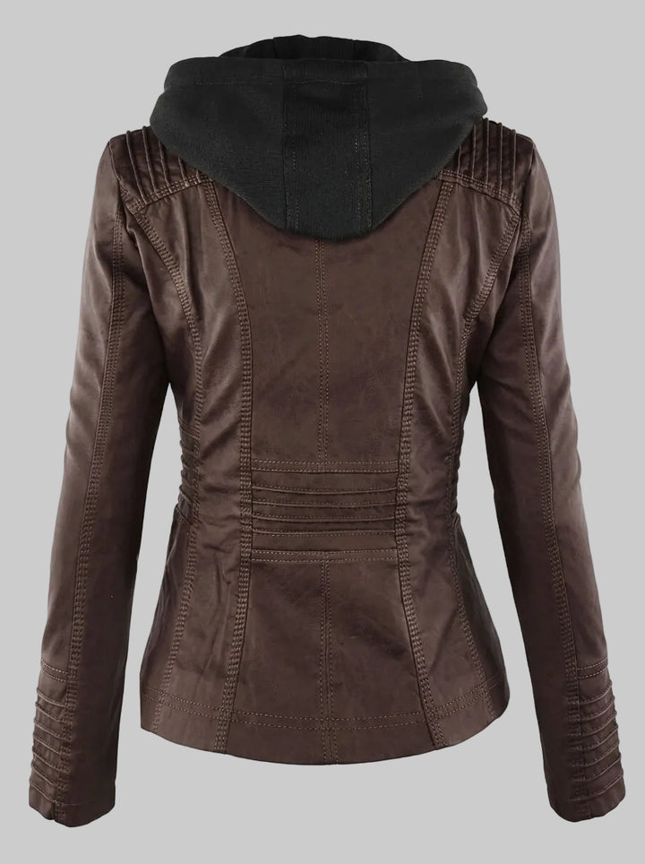 Women's Fitted Leather-Look Jacket with Hood and Zipped Pockets