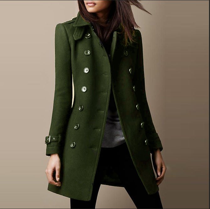 Women's Double-Breasted Fitted Coat with Buckle Cuffs - Olive Green