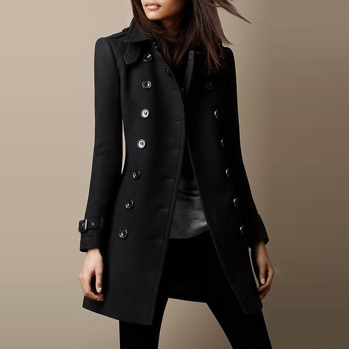 Women's Double-Breasted Fitted Coat with Buckle Cuffs - Black