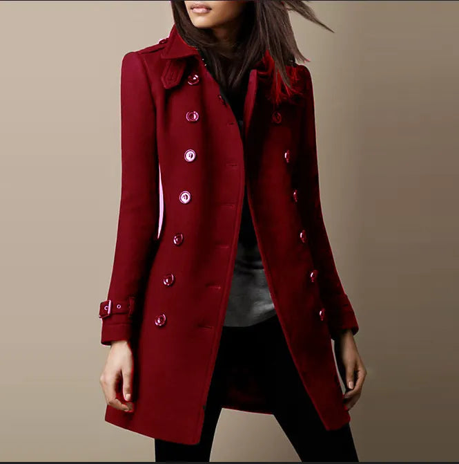 Women's Double-Breasted Fitted Coat with Buckle Cuffs - Wine Red