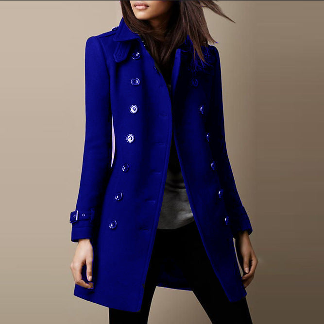 Women's Double-Breasted Fitted Coat with Buckle Cuffs - Dark Blue
