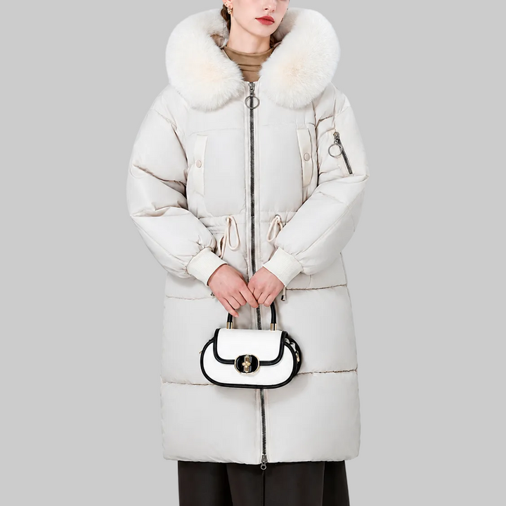 Women's Mid-Length Padded Winter Coat with Faux Fur-Style Hood Trim and Drawstring Waist