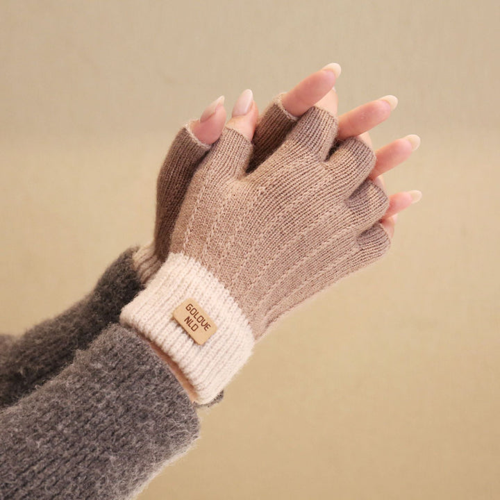 Women's Fluffy Knit Fingerless Gloves with Contrast Ribbed Cuff - Brown