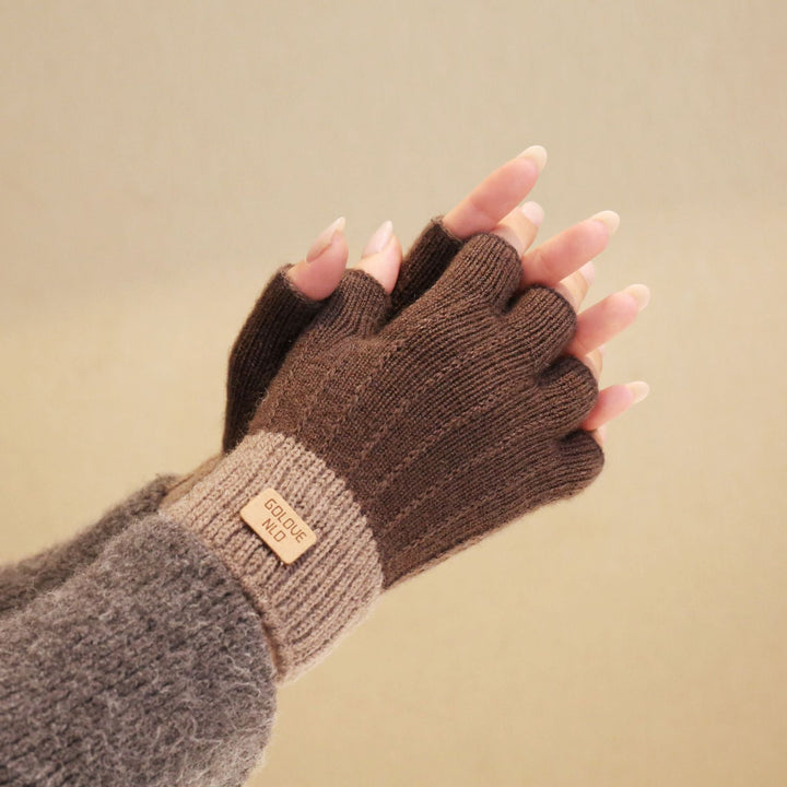 Women's Fluffy Knit Fingerless Gloves with Contrast Ribbed Cuff - Dark Brown