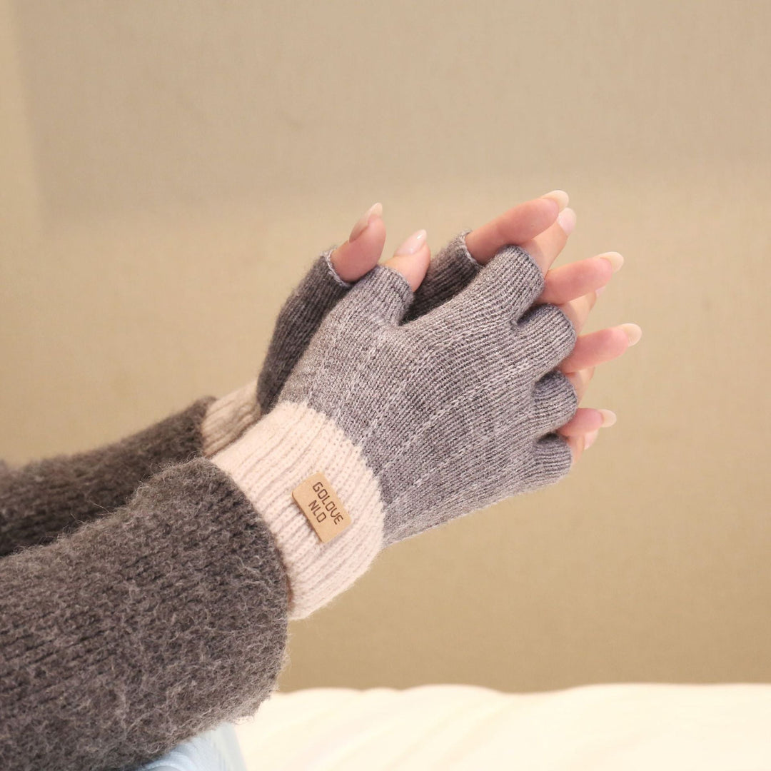 Women's Fluffy Knit Fingerless Gloves with Contrast Ribbed Cuff - Grey