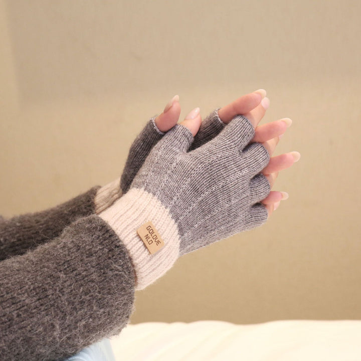 Women's Fluffy Knit Fingerless Gloves with Contrast Ribbed Cuff - Grey