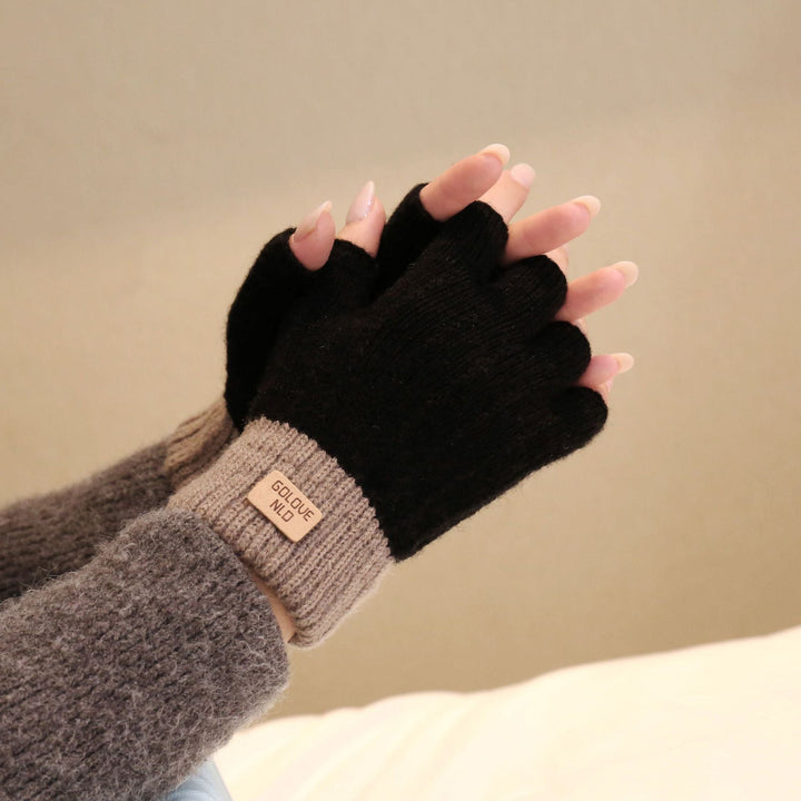 Women's Fluffy Knit Fingerless Gloves with Contrast Ribbed Cuff - Black