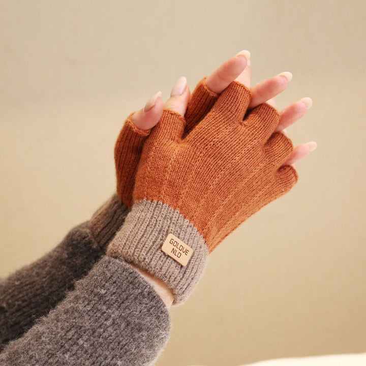 Women's Fluffy Knit Fingerless Gloves with Contrast Ribbed Cuff - Orange