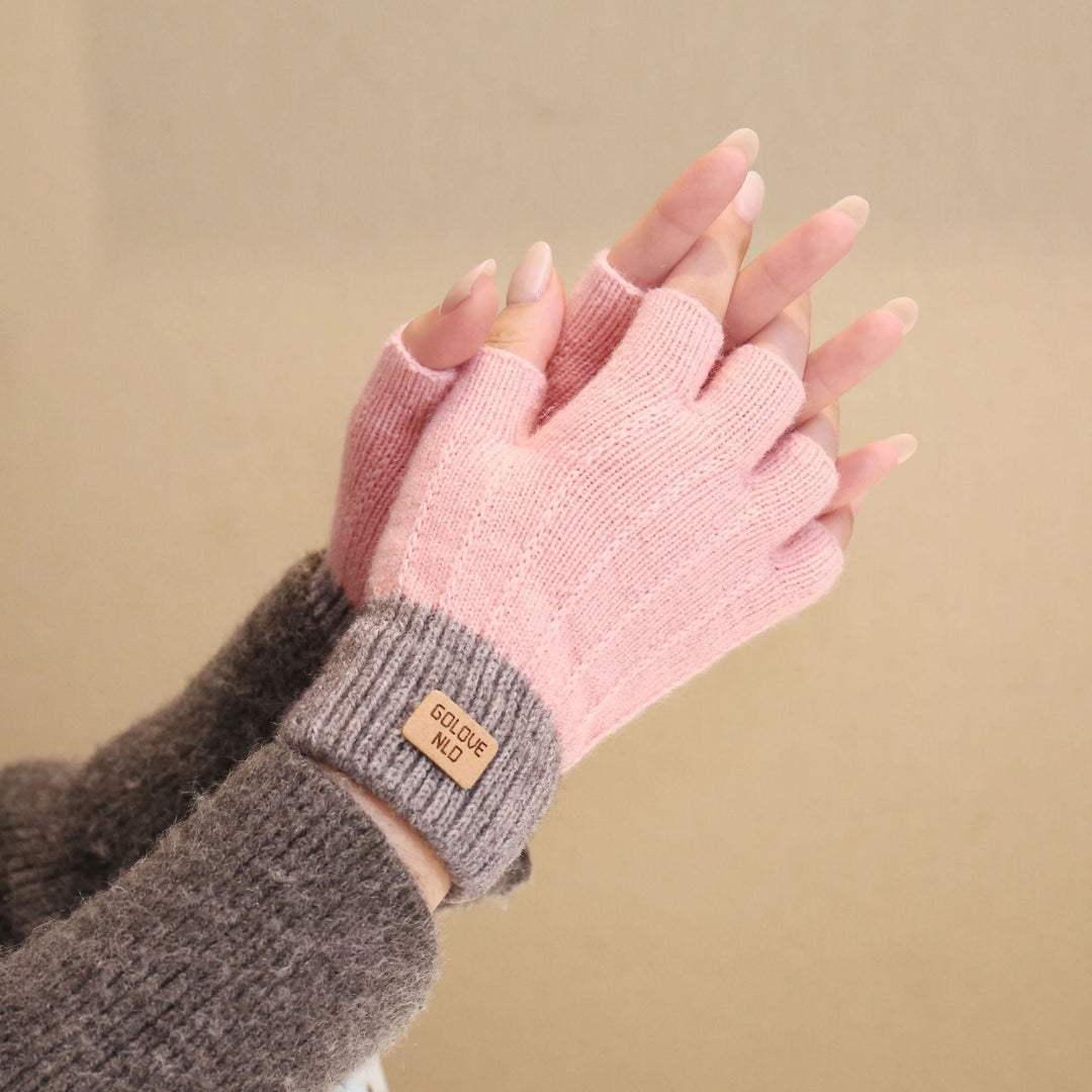 Women's Fluffy Knit Fingerless Gloves with Contrast Ribbed Cuff - Pink