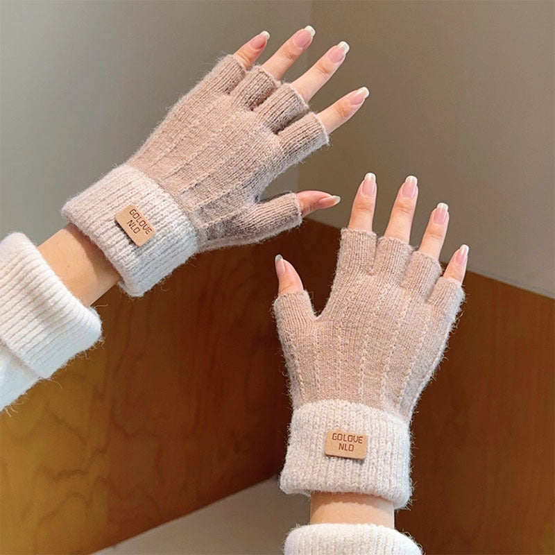 Women's Fluffy Knit Fingerless Gloves with Contrast Ribbed Cuff - Beige