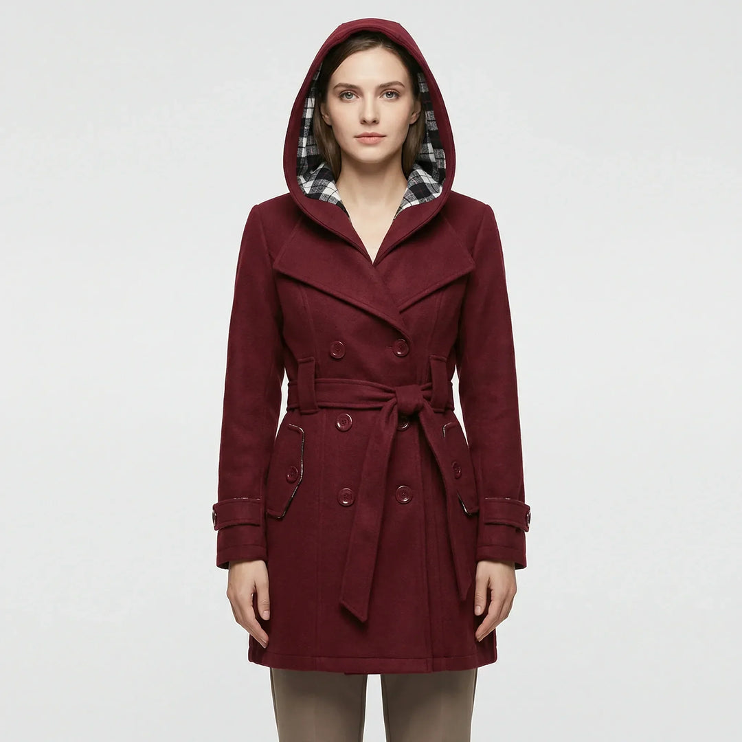 Women's Hooded Double-Breasted Trench Coat with Belt and Checked Hood Lining