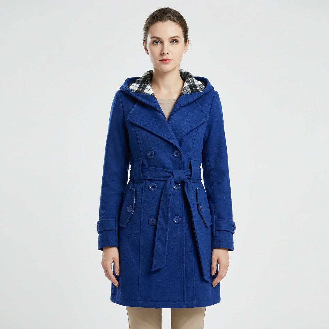 Women's Hooded Double-Breasted Trench Coat with Belt and Checked Hood Lining