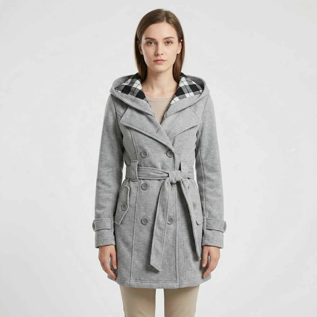 Women's Hooded Double-Breasted Trench Coat with Belt and Checked Hood Lining
