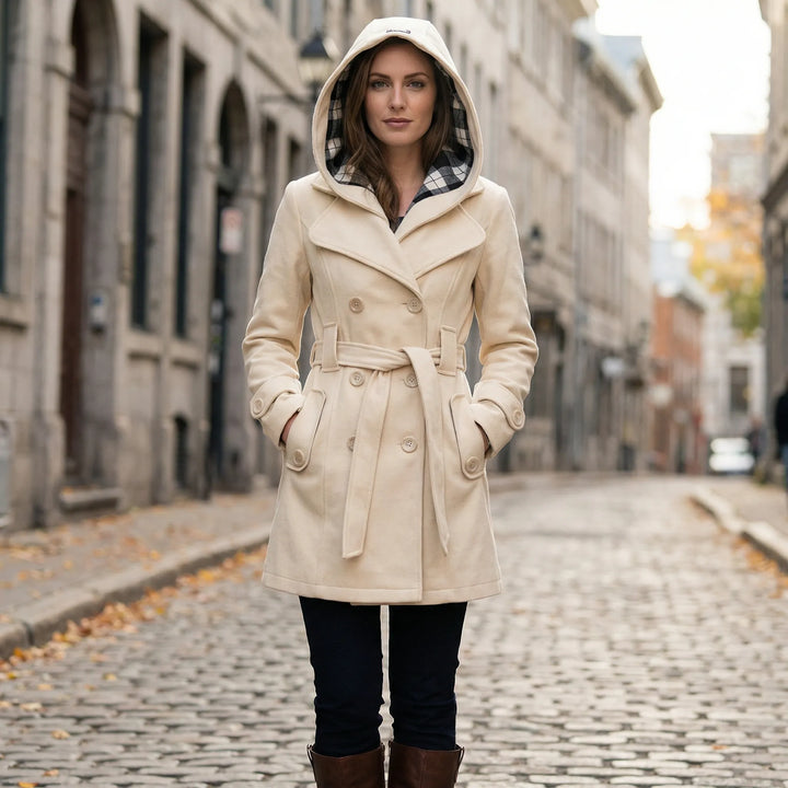 Women's Hooded Double-Breasted Trench Coat with Belt and Checked Hood Lining
