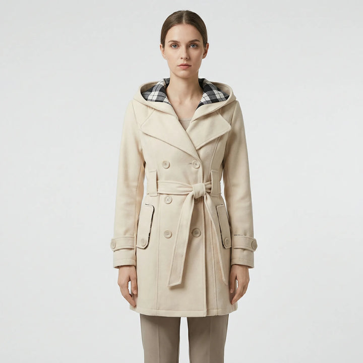 Women's Hooded Double-Breasted Trench Coat with Belt and Checked Hood Lining