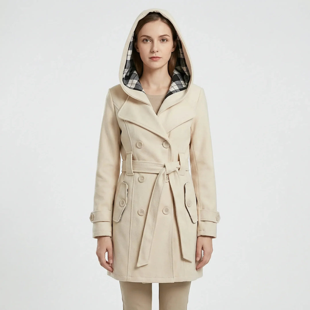Women's Hooded Double-Breasted Trench Coat with Belt and Checked Hood Lining