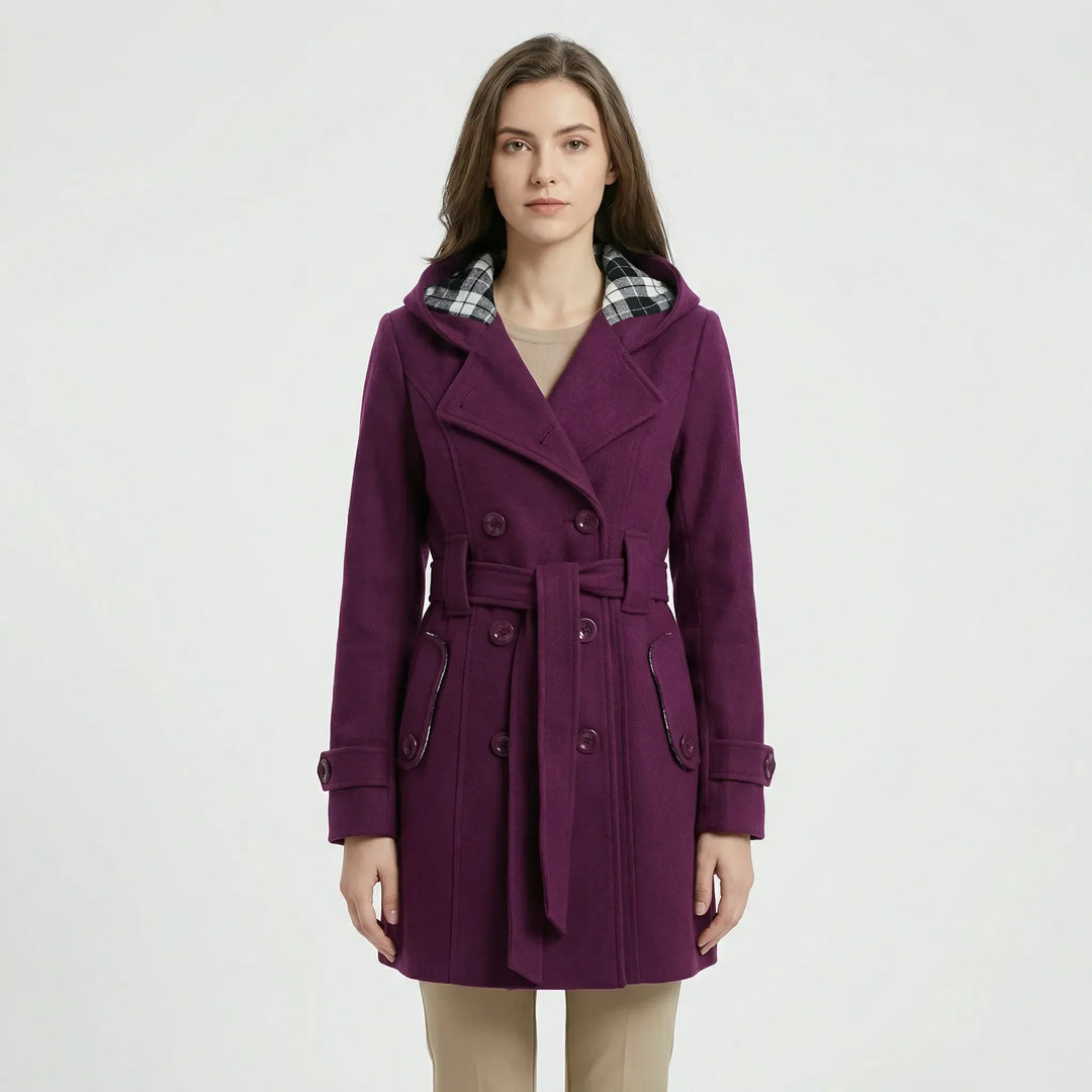 Women's Hooded Double-Breasted Trench Coat with Belt and Checked Hood Lining