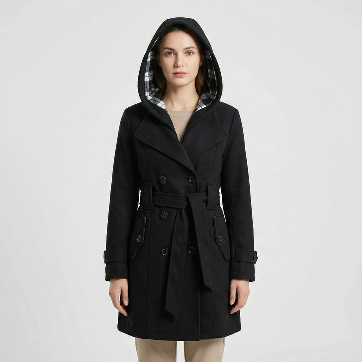 Women's Hooded Double-Breasted Trench Coat with Belt and Checked Hood Lining