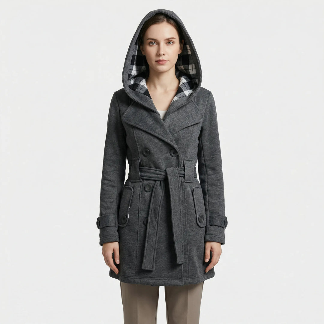 Women's Hooded Double-Breasted Trench Coat with Belt and Checked Hood Lining