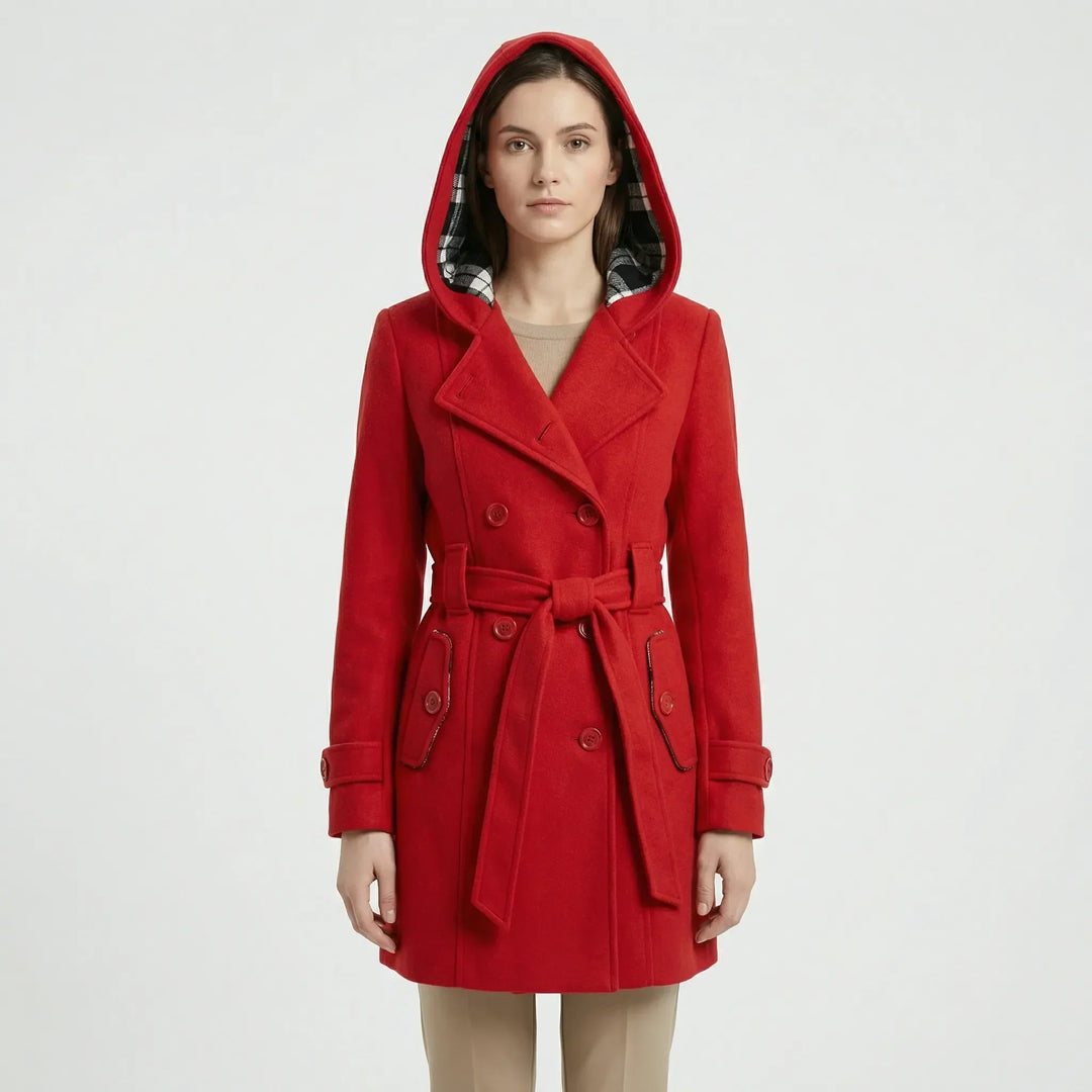 Women's Hooded Double-Breasted Trench Coat with Belt and Checked Hood Lining