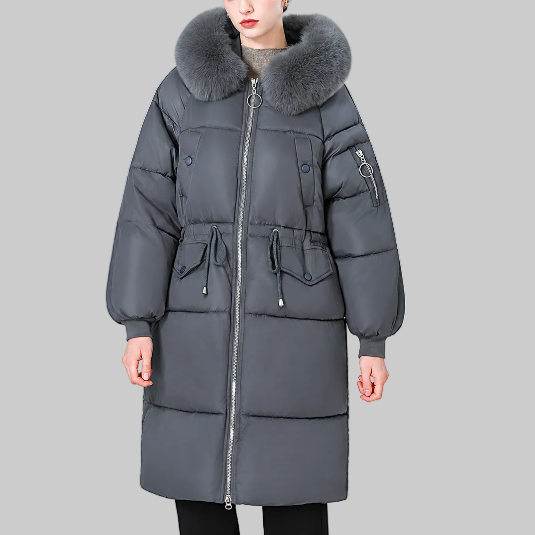 Women's Mid-Length Padded Winter Coat with Faux Fur-Style Hood Trim and Drawstring Waist