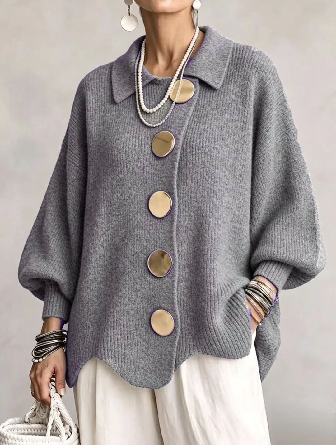 Women's Oversized Heavyweight Knit Lantern Sleeve Cardigan - Grey
