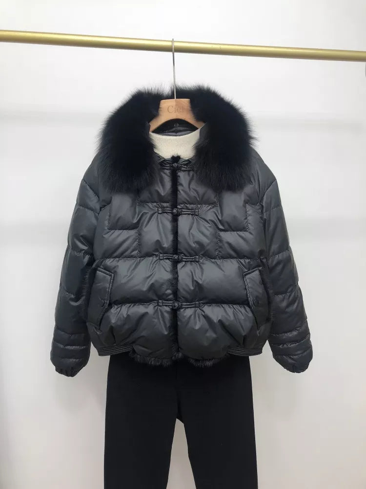 Women's Cropped Puffer Jacket with Faux Fur Collar