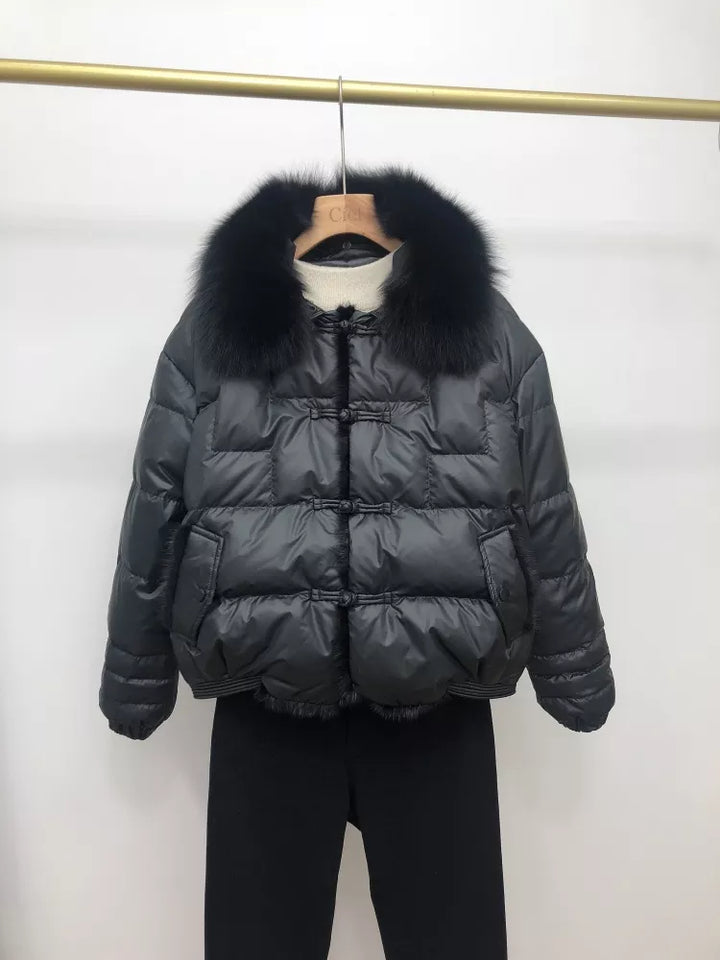 Women's Cropped Puffer Jacket with Faux Fur Collar