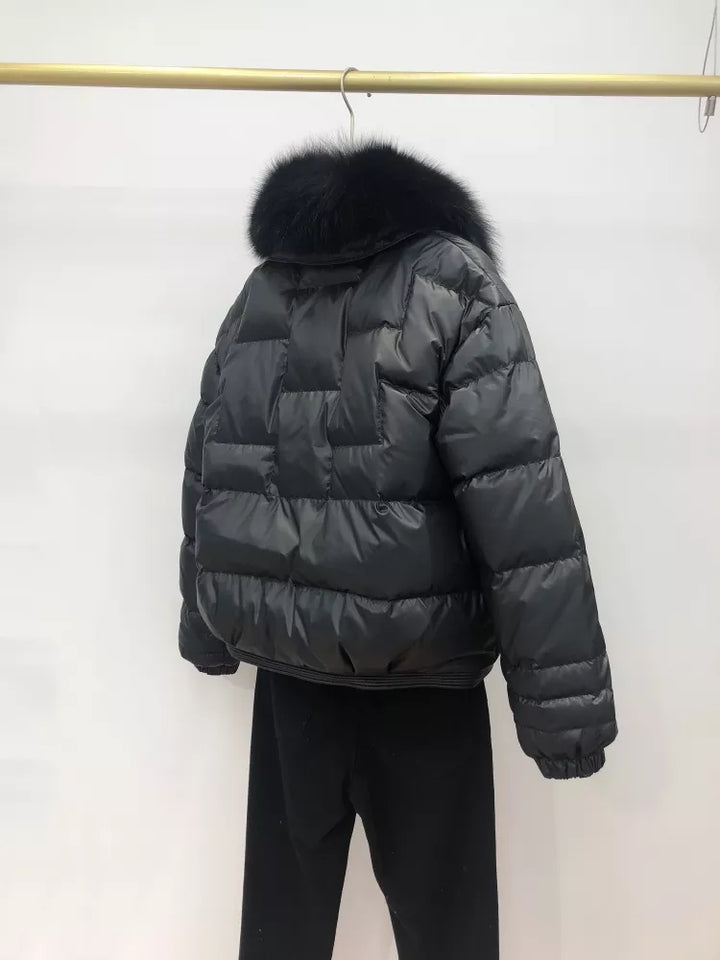 Women's Cropped Puffer Jacket with Faux Fur Collar