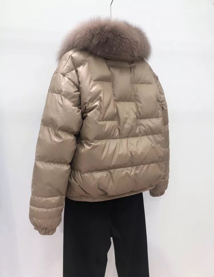 Women's Cropped Puffer Jacket with Faux Fur Collar