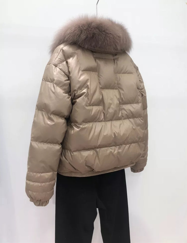 Women's Cropped Puffer Jacket with Faux Fur Collar
