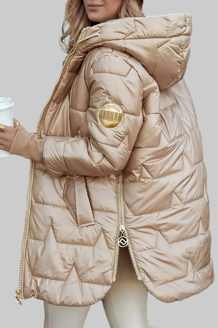 Women's Hooded Puffer Jacket with Gold Hardware and Diamond Quilting