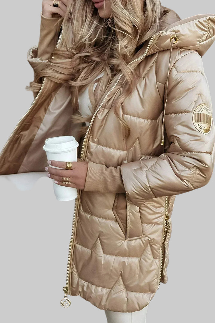 Women's Hooded Puffer Jacket with Gold Hardware and Diamond Quilting