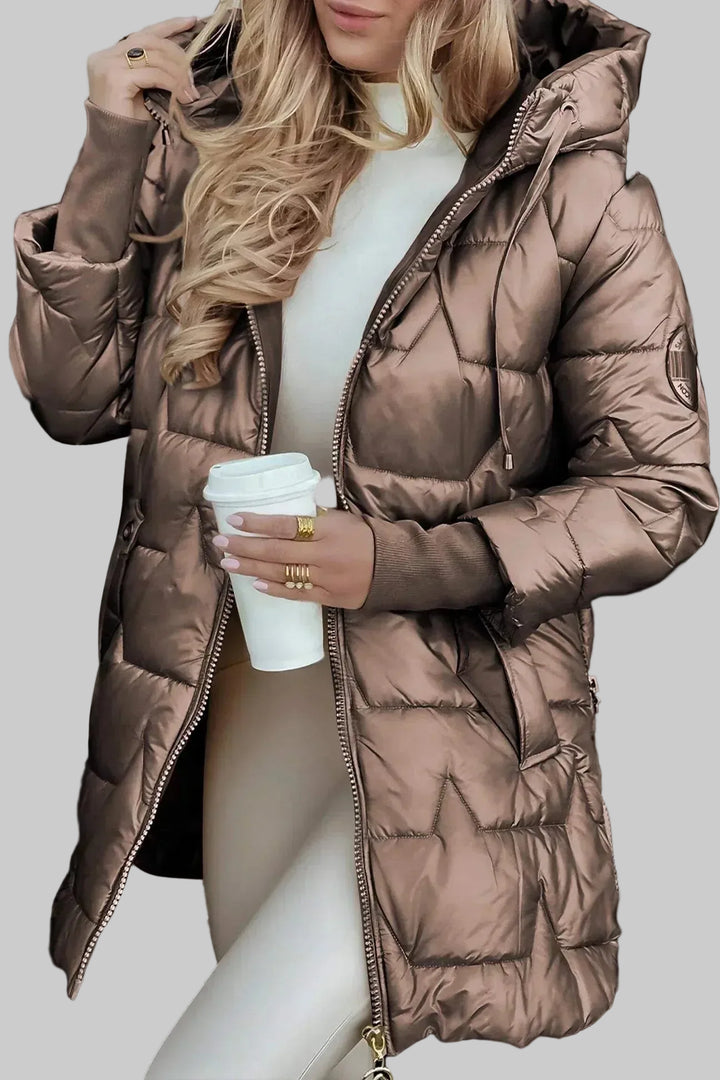 Women's Hooded Puffer Jacket with Gold Hardware and Diamond Quilting